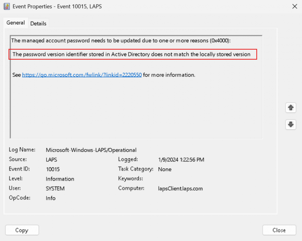 Mensagem de log de eventos LAPS do Windows quando a reversão do sistema operacional é detectada.