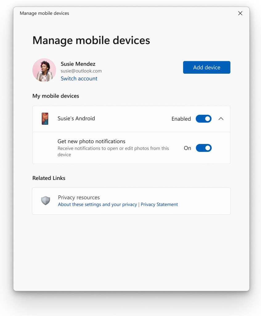 New settings window for managing mobile devices that are allowed to connect to your PC.