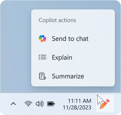 Ações de copiloto que você pode executar quando você passa o mouse sobre o ícone Copilot na barra de tarefas depois de copiar algum texto.