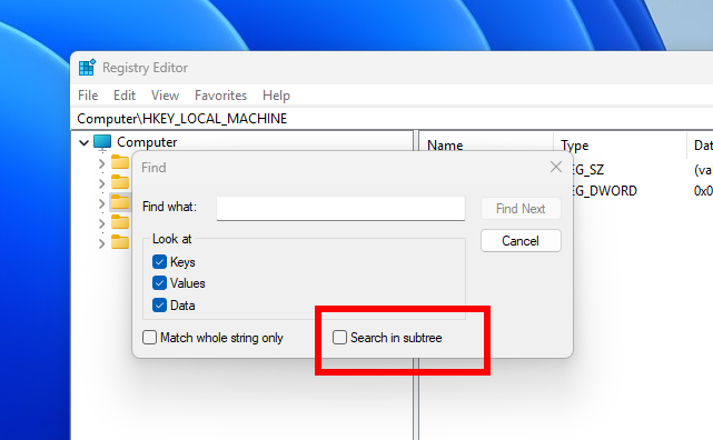 New search in subtree option for searching in Registry Editor.