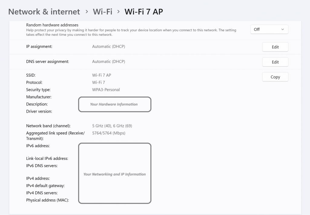 Configurações de Wi-Fi mostrando um PC com Windows conectado ao ponto de acesso Wi-Fi 7.