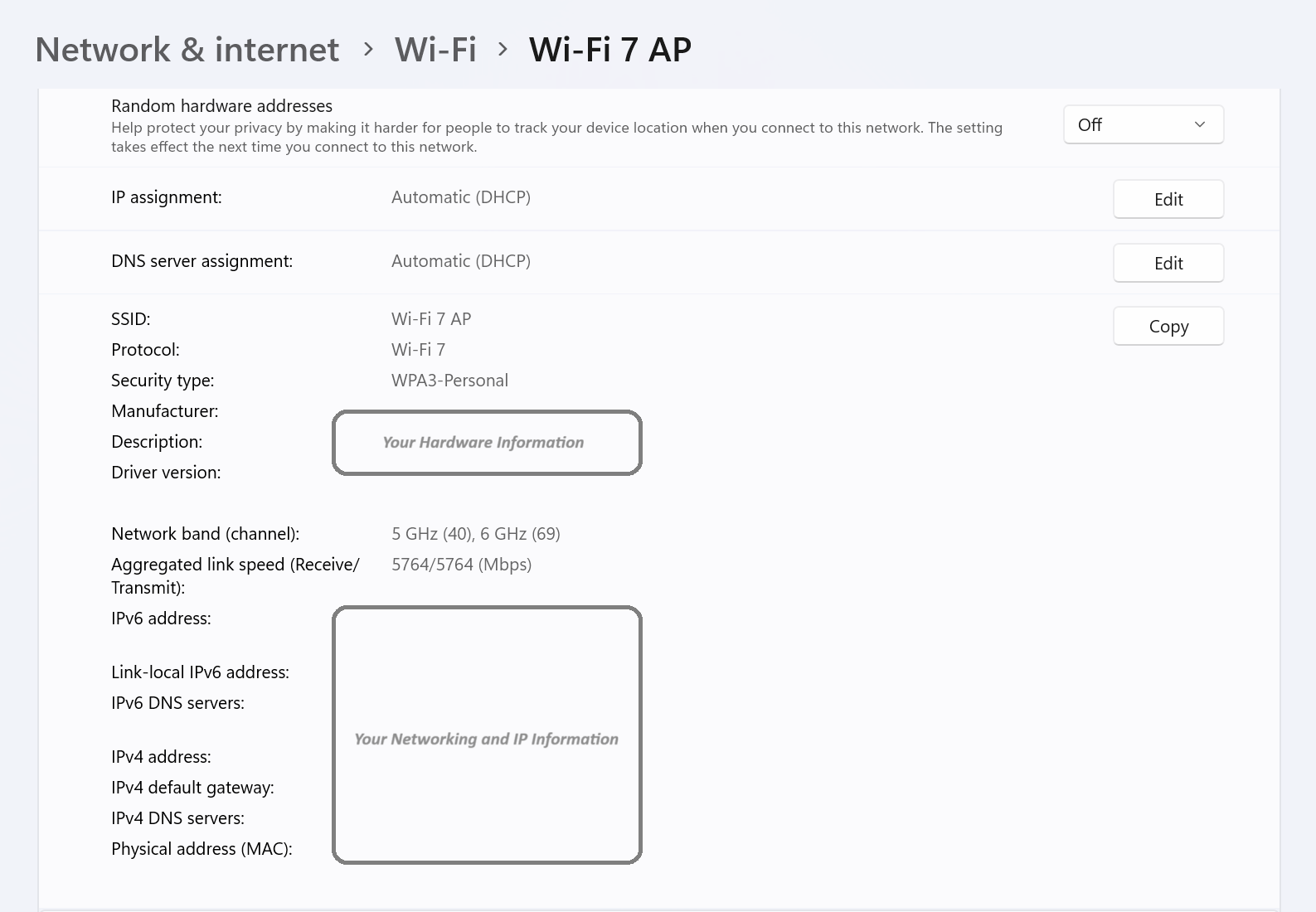 Wi-Fi settings showing a Windows PC connected to the Wi-Fi 7 access point