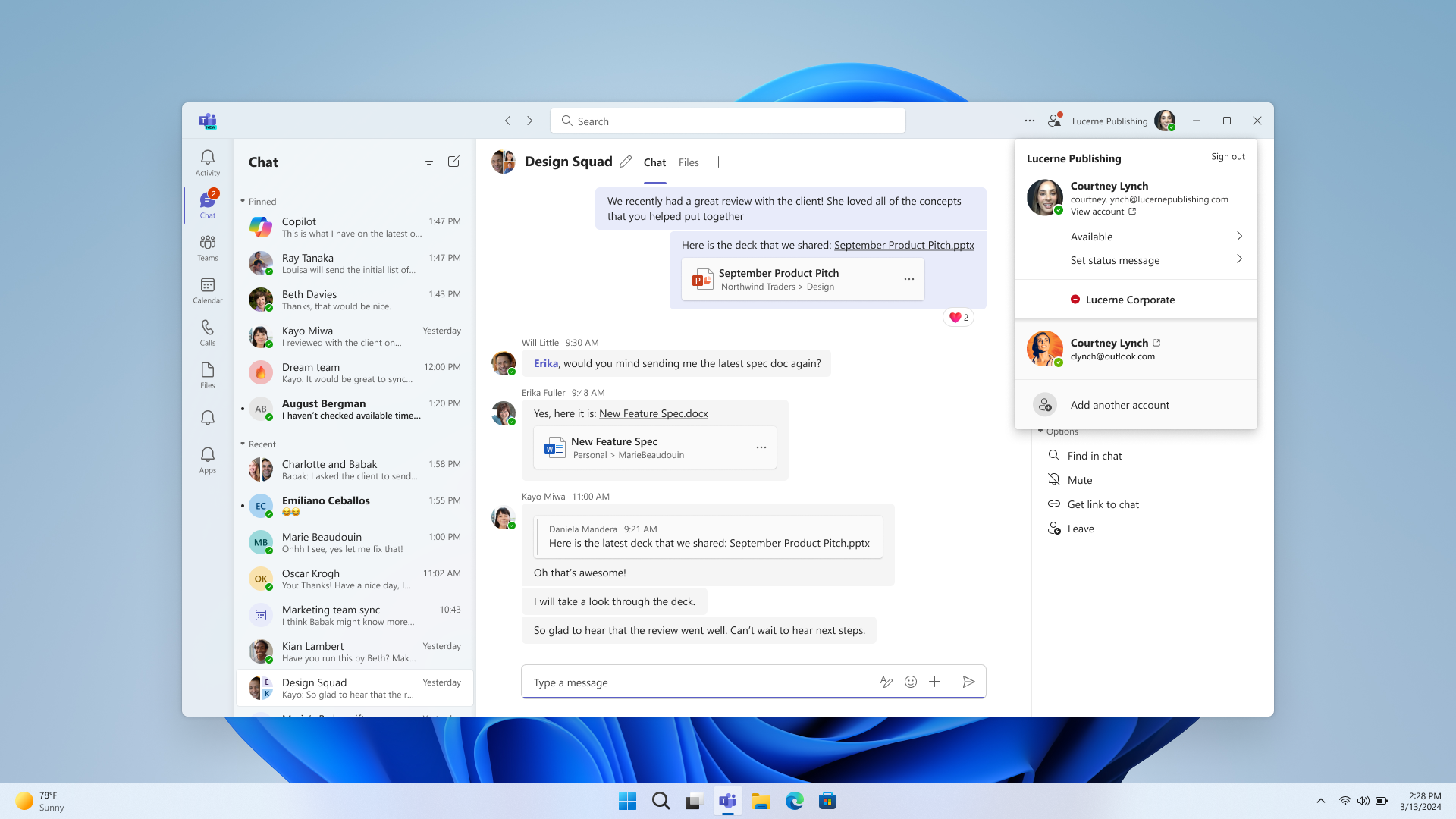 Interface de usuário de trabalho do Teams mostrando o controle Eu aberto com conta profissional e pessoal.