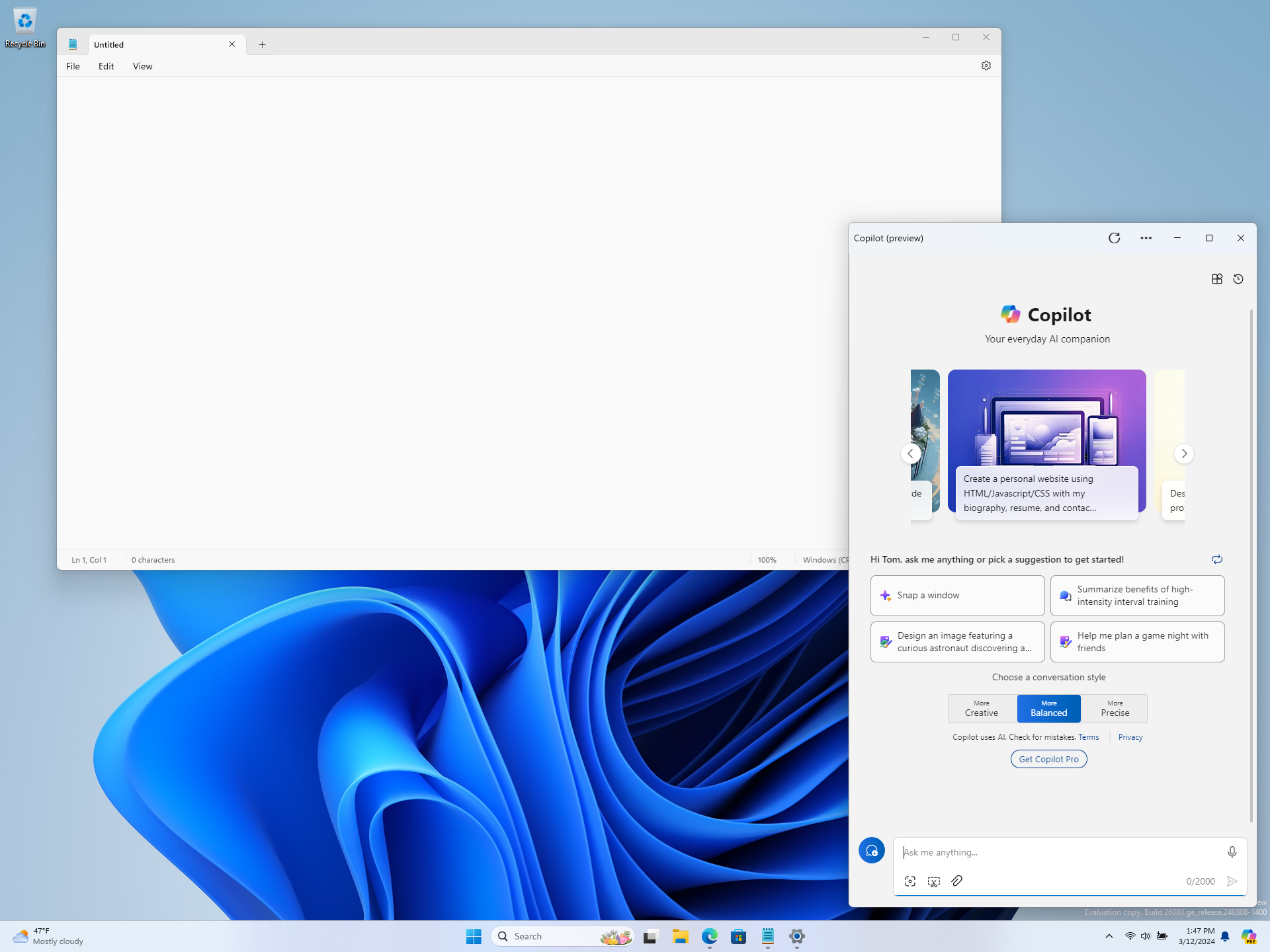 Copilot in Windows undocked and shown next to Notepad like a normal application window