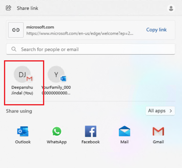 Exemplo de opção do Gmail para enviar e-mail para você mesmo na janela de compartilhamento do Windows destacada em uma caixa vermelha.