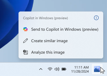 Azioni Copilot che puoi eseguire quando passi il mouse sull'icona Copilot sulla barra delle applicazioni dopo aver copiato un'immagine.