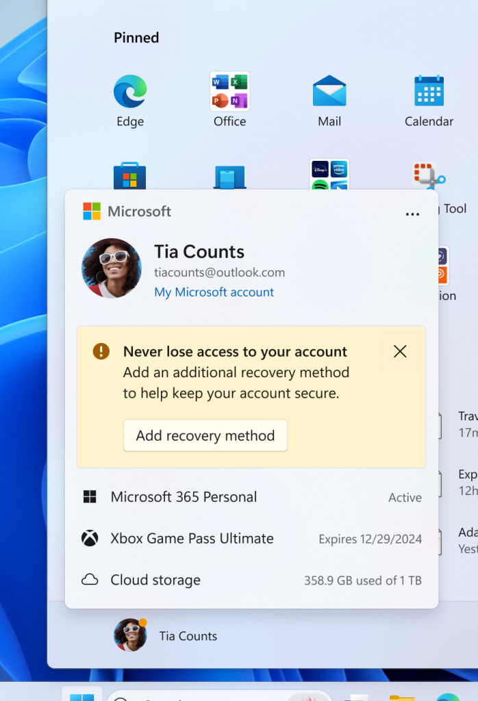 New account manager experience on the Start menu showing account settings and an action needed that needs to be taken to secure your Microsoft account.