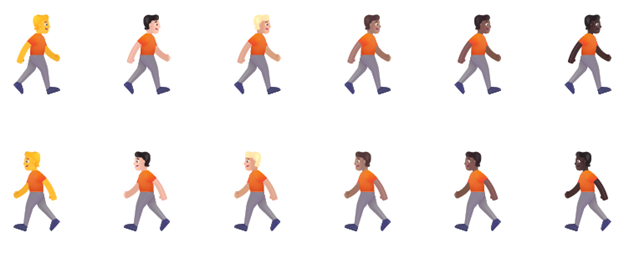 Esempio di nuovi aggiornamenti di direzionalità per le emoji persona/uomo/donna che camminano con orientamento rivolto verso destra o con l'orientamento originale rivolto verso sinistra.