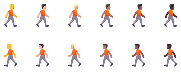 Example of new directionality updates for person/man/woman walking emoji with right facing or the original left facing orientation.