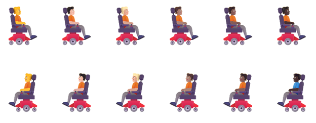 Exemplo de novas atualizações de direcionalidade para emoji de pessoa/homem/mulher em cadeira de rodas manual e cadeira de rodas motorizada com orientação voltada para a direita ou a orientação original voltada para a esquerda.