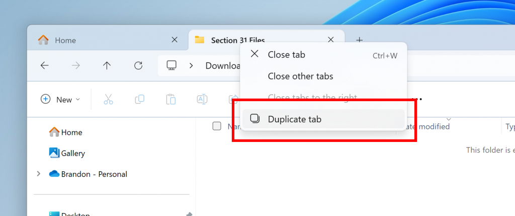 Option to duplicate tab when right-clicking on a tab in File Explorer highlighted in a red square.