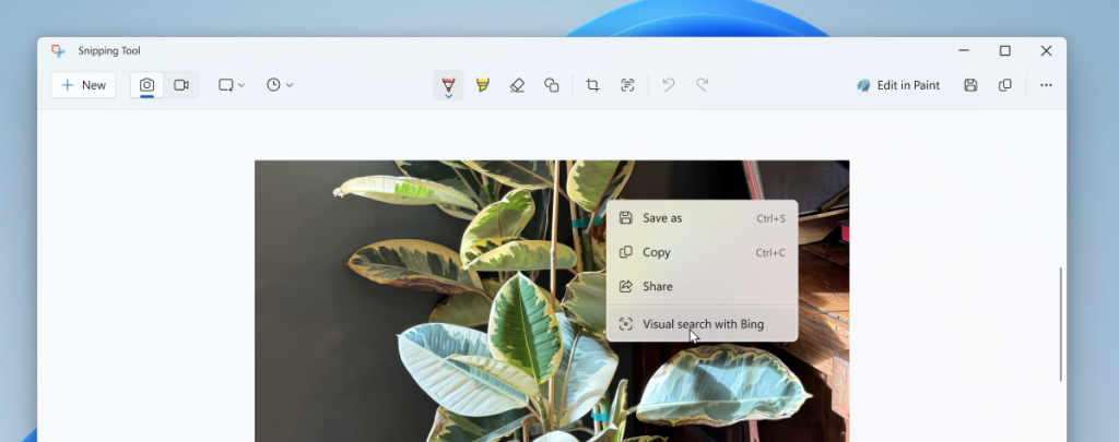 Visual Search with Bing option appearing in right-click context menu in Snipping Tool.