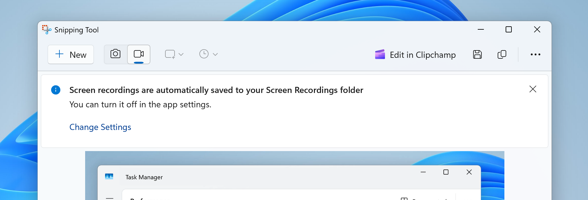 Snipping Tool showing new banner for screen recordings now automatically being saved to your Screen Recordings folder.