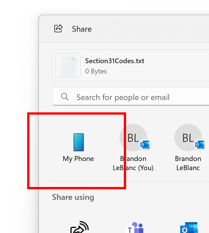 New option to share content to My Phone highlighted in a red box in the Windows share window.