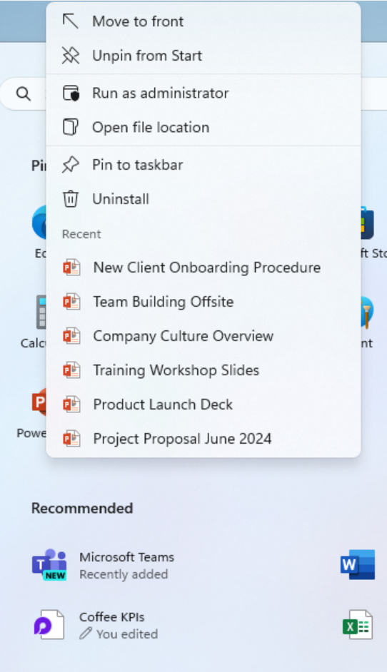 Ora le jump list verranno visualizzate quando si fa clic con il pulsante destro del mouse sulle app aggiunte al menu Start, come PowerPoint, che dispongono di jump list.