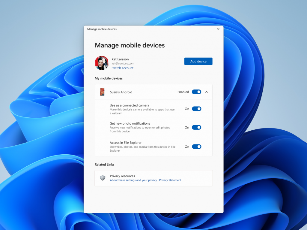 Settings window for managing mobile devices that are allowed to connect to your PC.