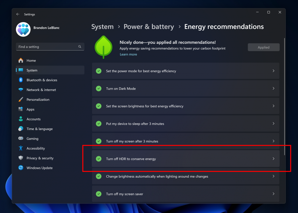 New HDR energy recommendation highlighted in a red box in Settings.