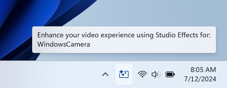 New Studio Effects icon shown in system tray when using any application with a Studio Effects-enabled camera