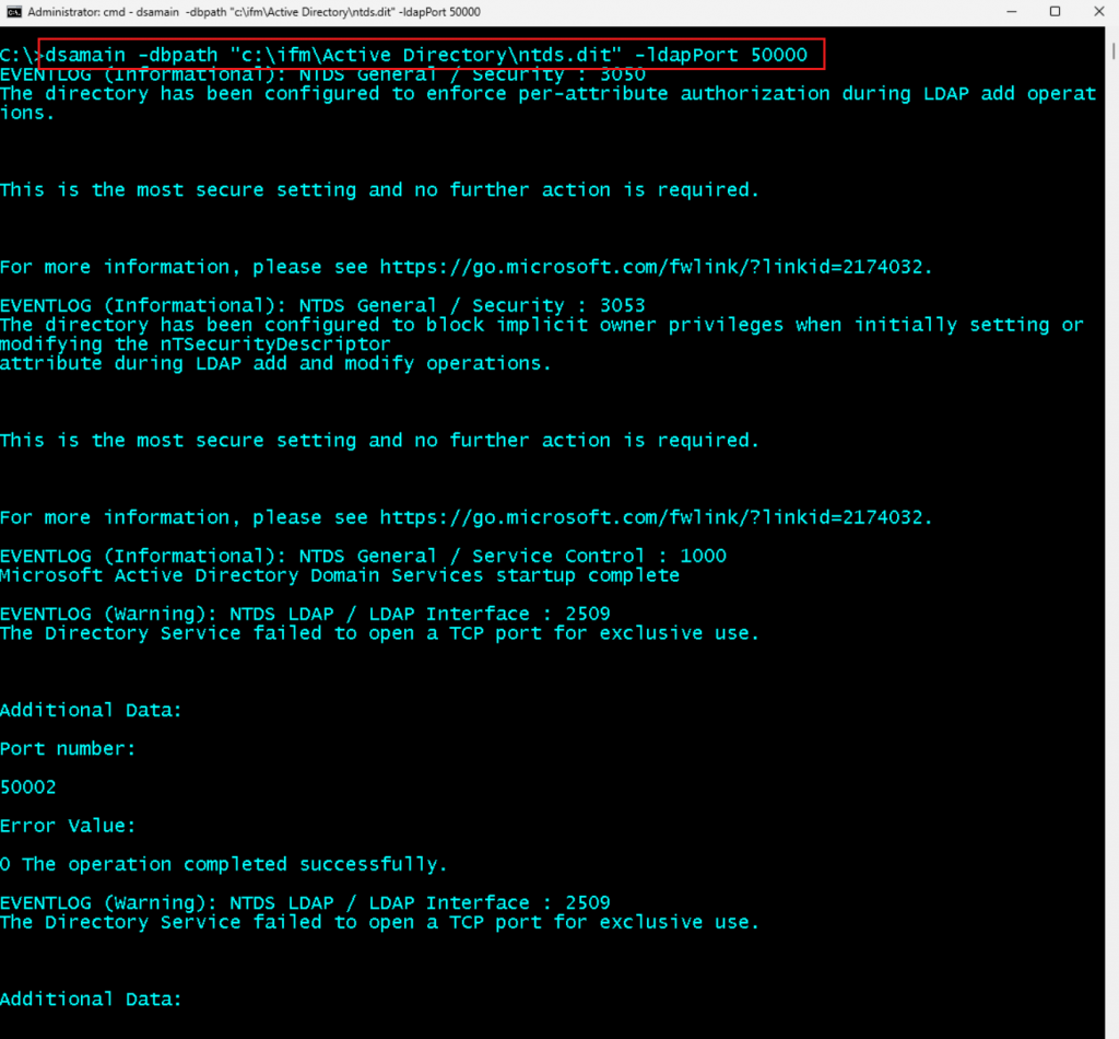 Exibição de linha de comando da montagem de um banco de dados de mídia de backup do Active Directory.