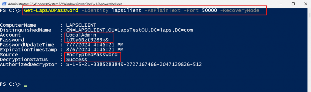 Exibição do PowerShell da recuperação de senhas LAPS do Windows de um banco de dados de mídia de backup do Active Directory montado.