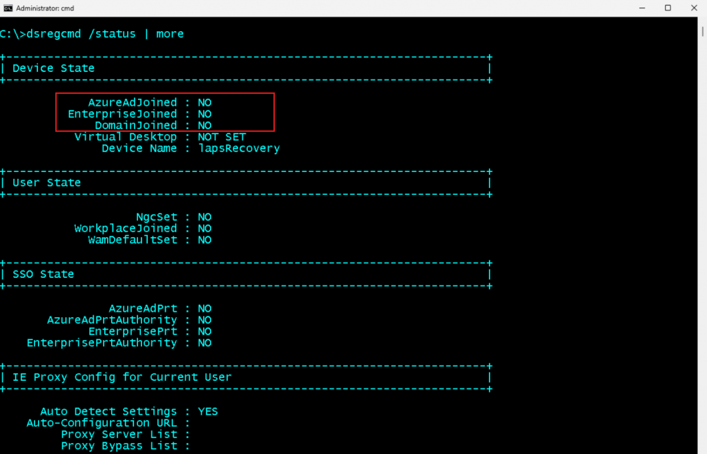 View of all the operations for executing recovery of Windows LAPS passwords from a mounted Active Directory backup media database.