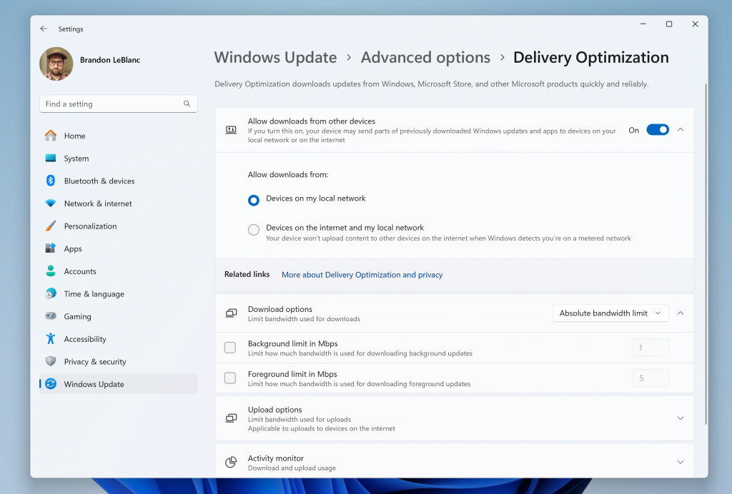 Delivery Optimization settings page with updated design.