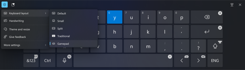 Novo layout de teclado do Gamepad para o teclado na tela no Windows 11 que dá suporte à capacidade de usar o controle do Xbox para navegar e digitar.