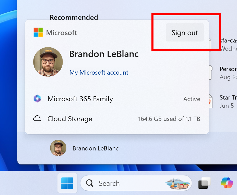 New account manager on the Start menu with sign out option directly visible highlighted in a red box.