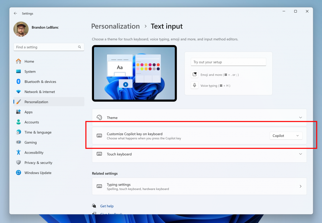 New setting for configuring the Copilot key highlighted in a red box.