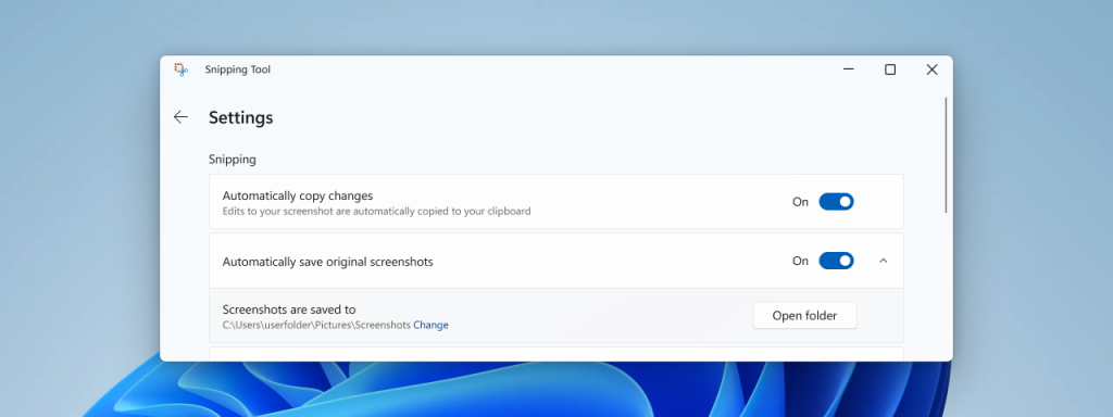 Setting in Snipping Tool to change the folder that screenshots and screen recordings are automatically saved.