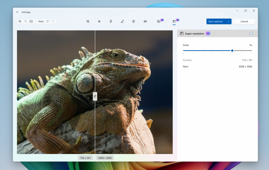 Super resolution offers a simple way to upscale and enhance photos in the Photos Editor on Copilot+ PCs.