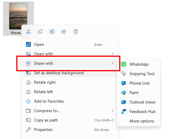 Share with apps directly through the context menu in File Explorer or on the desktop.