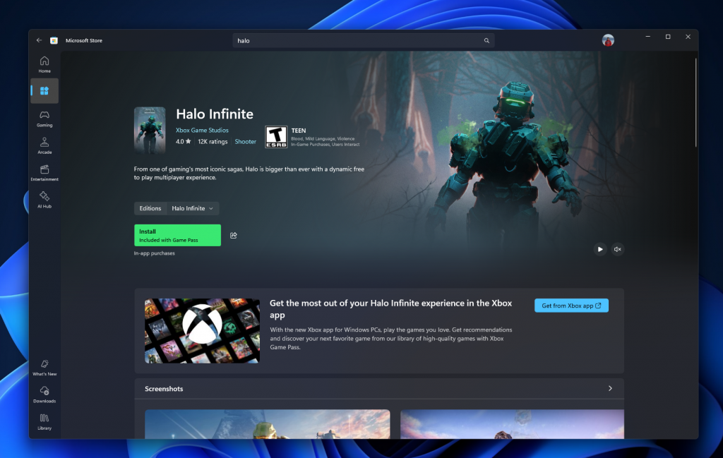 La nuova esperienza della pagina prodotto sul Microsoft Store, che mostra un'immagine immersiva dell'eroe sulla pagina di Halo Infinite.