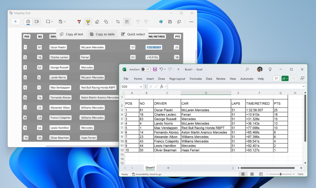 Snipping Tool showing copy as table option with text pasted into Microsoft Excel.