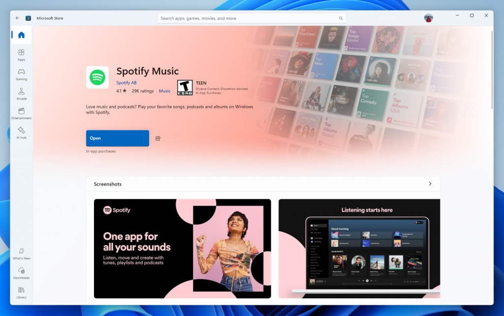 The new product page for apps like Spotify on the Microsoft Store in light theme mode.