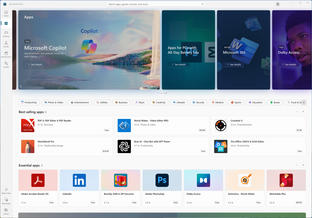 New app categories shown on the apps page in the Microsoft Store under the featured section.