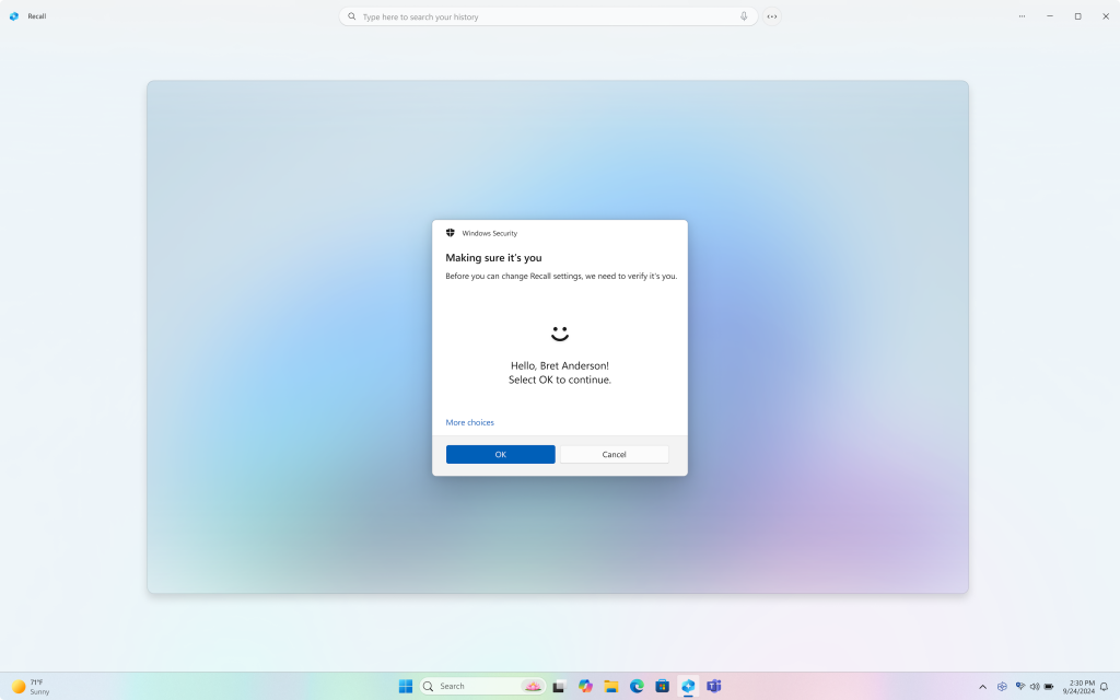 Windows Hello authentication is required to unlock the Recall experience.