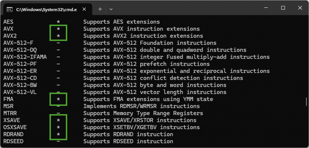 You can see some of the new features in the output of a tool like Coreinfo64.exe with newly exposed CPU features are highlighted above in green.