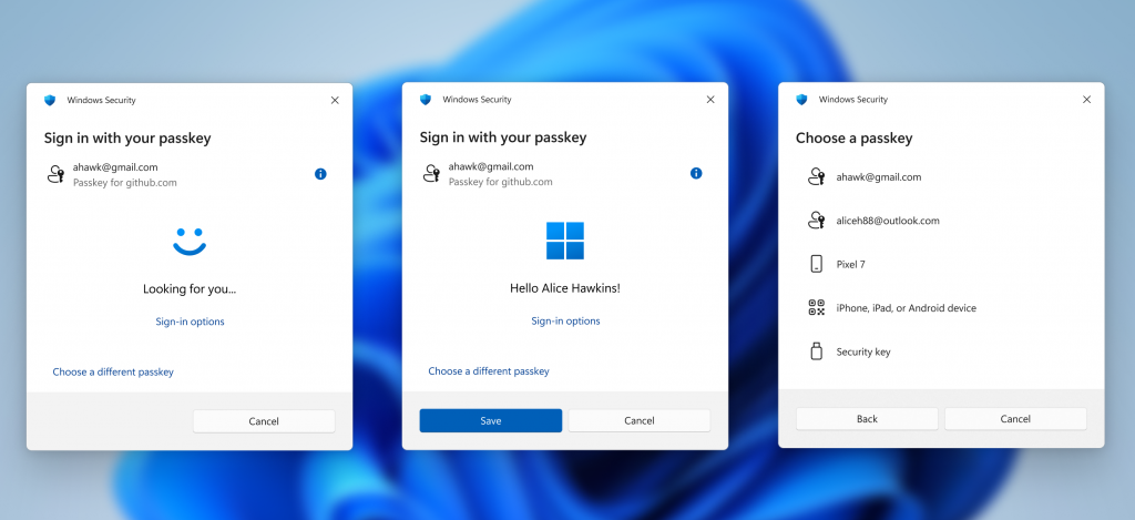 Image of new passkey sign-in flow screens.