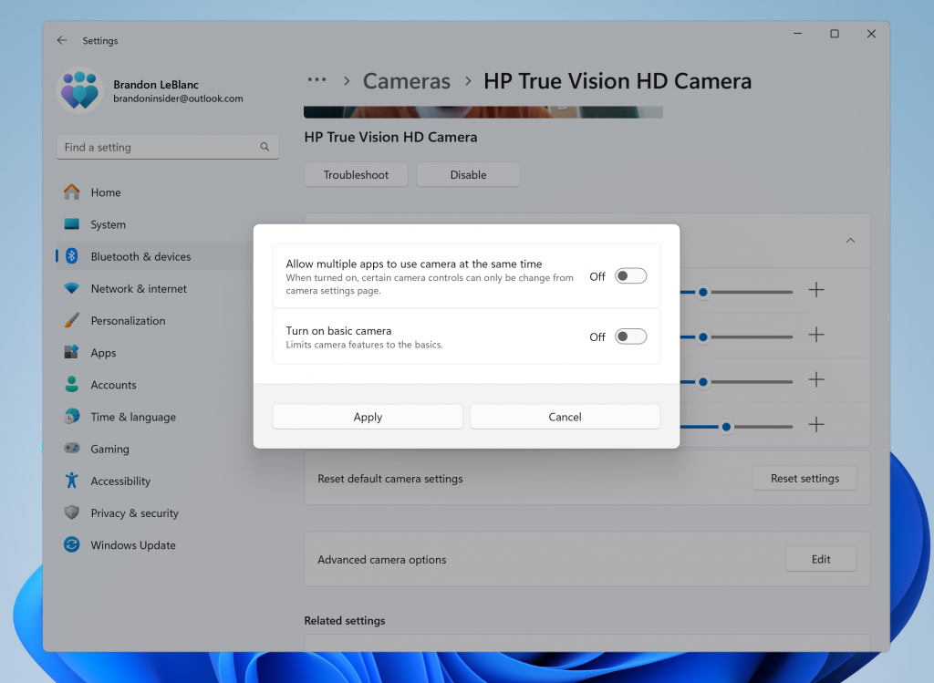 New advanced camera configurations page in Settings.