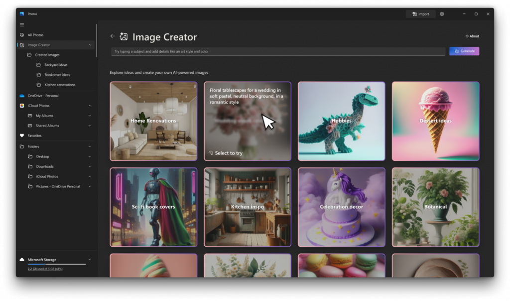 O mage Creator no aplicativo Microsoft Photos aproveita os recursos de IA do seu PC Copilot+ para transformar um prompt de texto em uma galeria impressionante de imagens diversas e exclusivas.