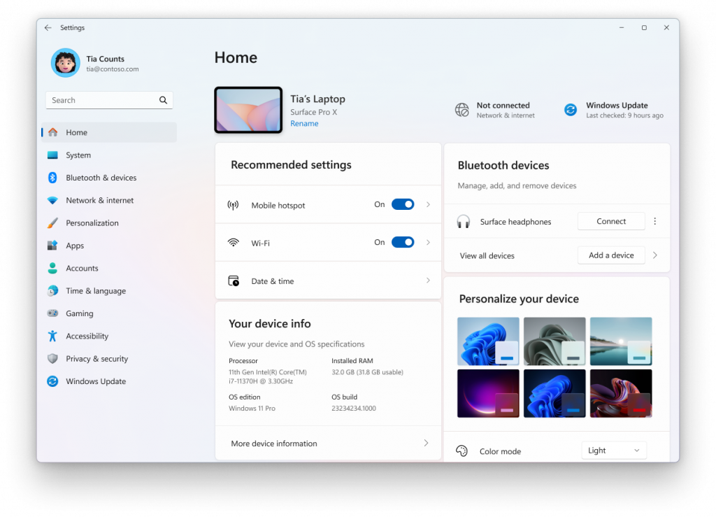 The Settings homepage for a commercial customer on a managed PC. 