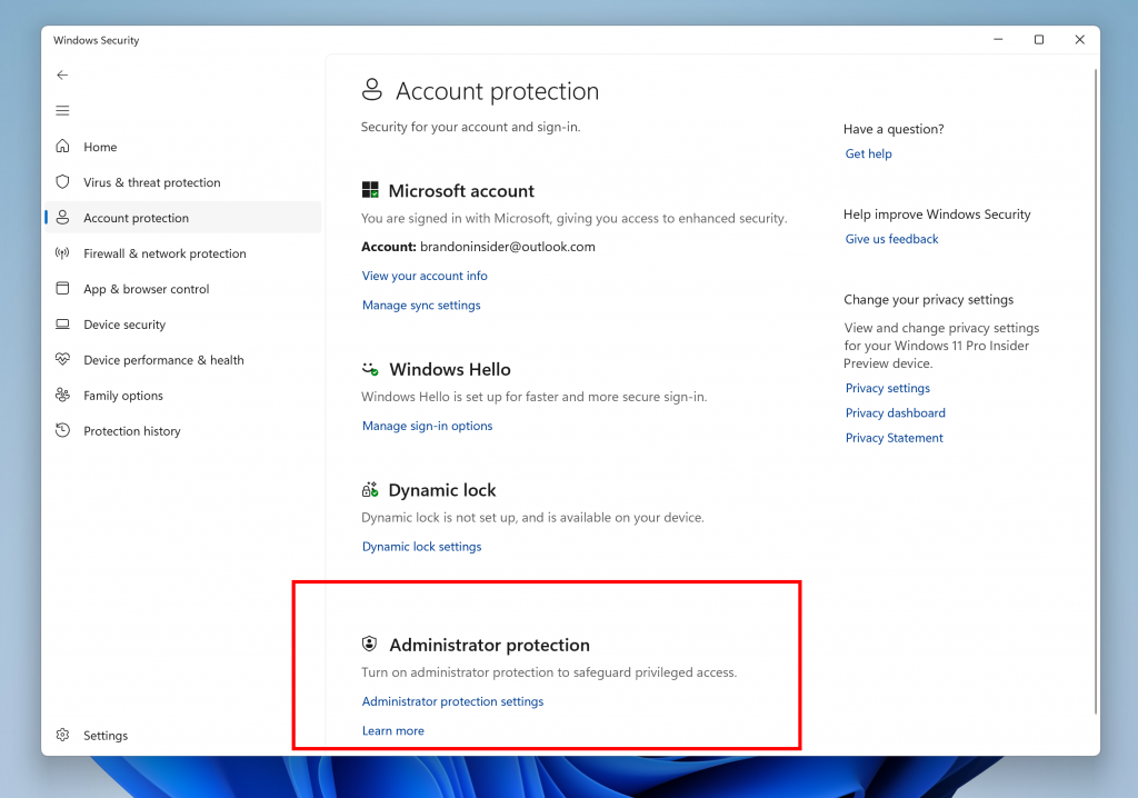 Administrator protection in Windows Security highlighted in a red box.