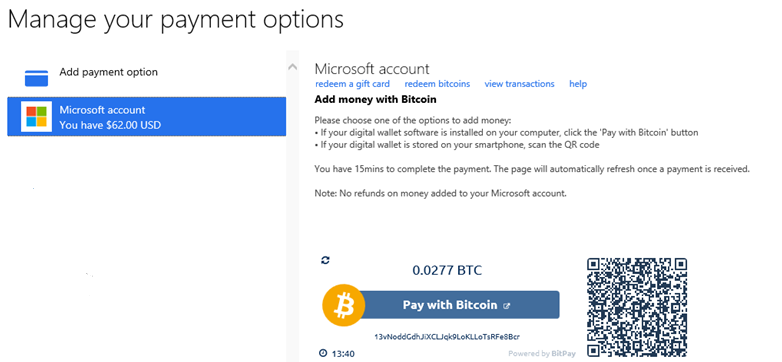 Podrán utilizar BitPay para cambiar sus Bitcoins – al valor actual del mercado – y agregarlos a su cuenta Microsoft.