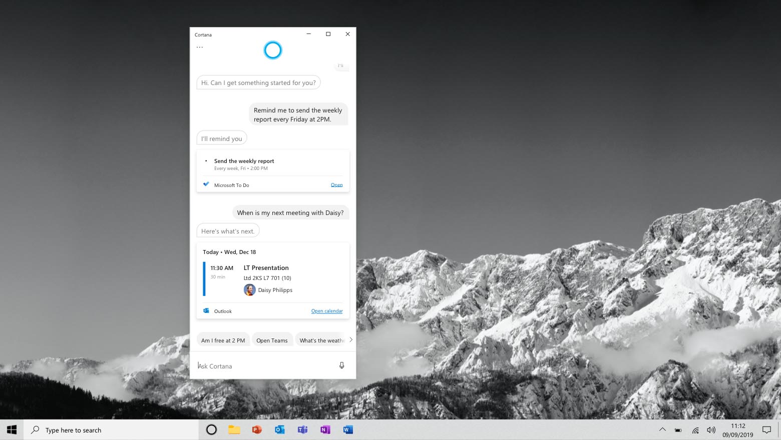 La interacción de Cortana con un usuario para establecer un recordatorio de reunión