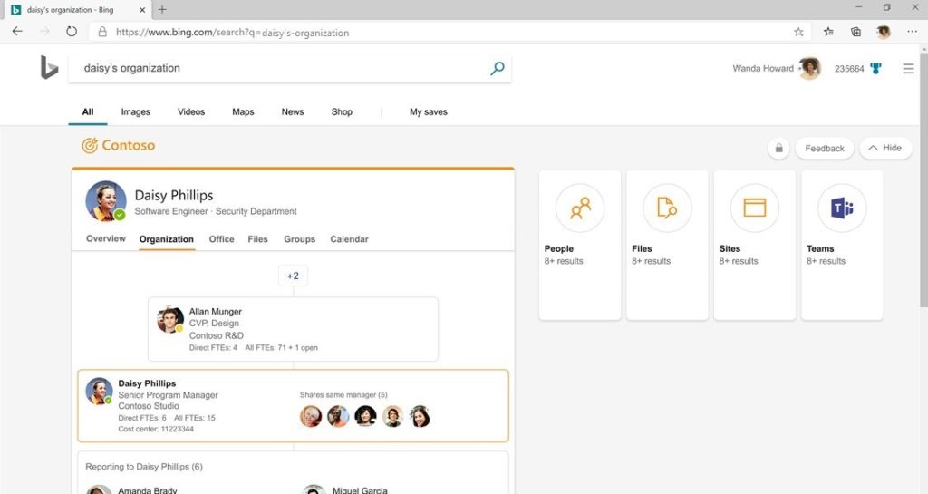 Captura de pantalla que muestra resultados de búsqueda en la organización a través de Microsoft Search
