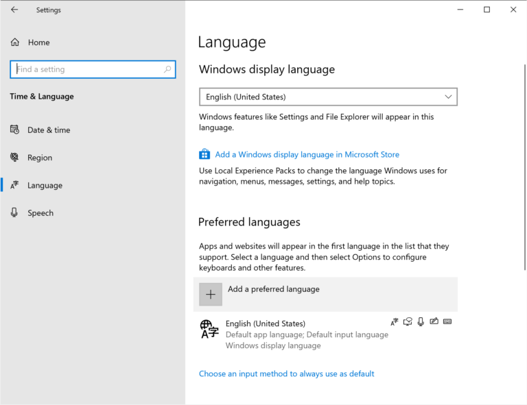 Captura de pantalla que muestra ajustes de Idioma en Windows