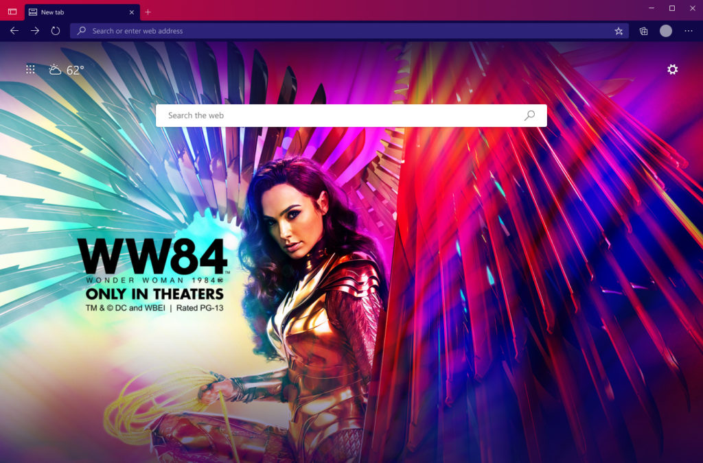 Imagen promocional de la película Wonder Woman 1984 en la página de inicio de Microsoft Bing
