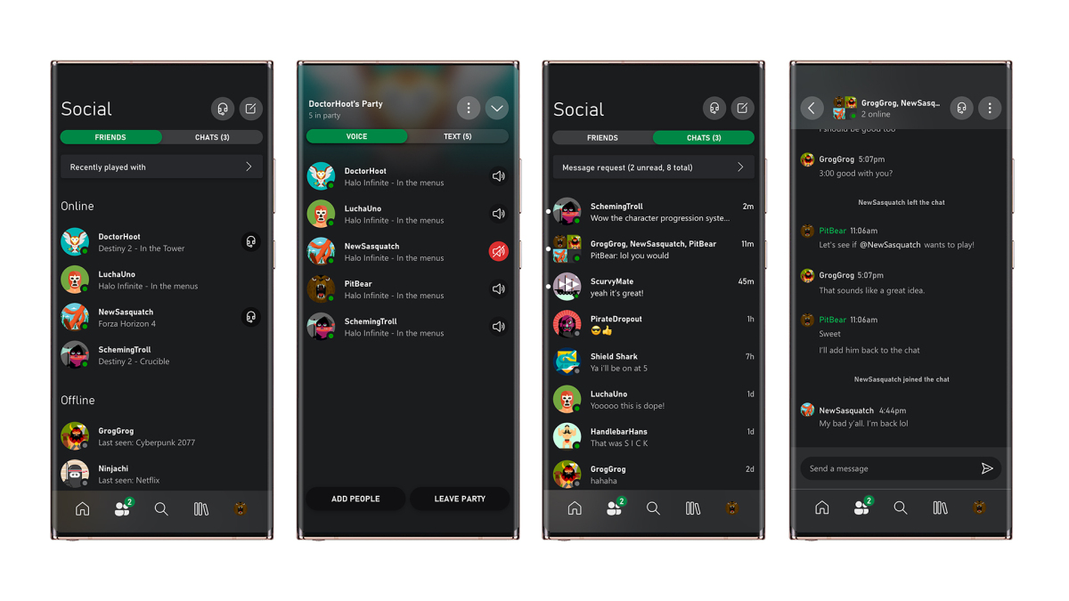 Chat de fiesta en la aplicación móvil de Xbox